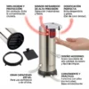 Infografía de dispensador eléctrico con sensor infrarrojo, base antideslizante y compartimento de pilas para higiene sin contacto.