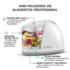 Infografía de mini procesador de alimentos pequeño que detalla potencia de 150W, capacidad de 350ml y diseño ergonómico.