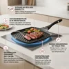 Infografía detallando beneficios: compatibilidad con inducción, mango de toque frío y estrías de sellado perfecto para sabor a parrilla.