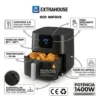 Infografía de la freidora Extrahouse detallando potencia de 1400W, panel táctil, rango de temperatura de 200 grados y canasta desmontable.