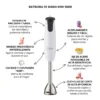 Detalles y Funciones Batidora Kiwi Infografía detallada de la batidora de mano Kiwi mostrando botones turbo, eje de acero inoxidable y cuchillas de alta eficiencia para purés.