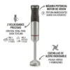 Detalles Técnicos Batidora 1000W Infografía de batidora de mano mostrando motor de 1000W, 2 velocidades de precisión y cuchillas para triturar ingredientes duros.