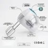 Infografía de batidora de mano con motor de cobre integral, 5 velocidades, función turbo y varillas de acero inoxidable 304.