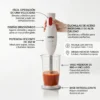 Infografía de batidora Sinbo 350W destacando diseño ergonómico, voltaje 220-240V y base antideslizante para cocina.