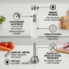 Especificaciones Batidora de Varilla HB03 Infografía detallada de batidora de mano con 2 velocidades, cuchillas de acero y potencia de 400W.
