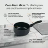 Beneficios del cazo de aluminio de 18cm Infografía del cazo de 18cm mostrando el mango ergonómico de tacto frío, ahorro de energía y recubrimiento saludable.