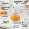 Infografía en español del exprimidor de cítricos destacando su motor silencioso de 40W, doble sentido de giro y piezas aptas para lavavajillas.