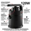 Infografía detallada del exprimidor profesional destacando motor de 120W, sistema de prensado en frío y boquilla antigoteo.