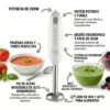 Especificaciones técnicas Batidora de Inmersión Kiwi Infografía de batidora Kiwi que destaca motor de 200W, pie de acero de alto rendimiento y sistema de seguridad libre de BPA.