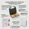 Detalles Técnicos Sándwichera Kiwi Infografía de sándwichera con indicadores LED, almacenamiento vertical, asa de toque frío y potencia de 750W para uso doméstico.