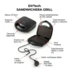 Infografía detallada de la sandwichera grill marca DVTech de 750W mostrando el cierre de seguridad, placas de fácil limpieza y cable de 1 metro.