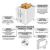 Ficha Técnica Tostadora CT-818: Ranuras de 30mm y 700W Infografía detallada de la tostadora blanca CT-818 mostrando sus medidas (23cm), ranuras de 30mm para pan grueso, 7 niveles de tostado, 700W de potencia y bandeja recogemigas.