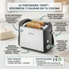 Infografía Funciones Tostadora Kiwi Infografía detallada de la tostadora Kiwi de 800W resaltando características: 7 niveles de tostado, bandeja recogemigas extraíble, función de auto-elevado y certificaciones CE de seguridad.