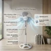 Detalles Técnicos DVTECH Infografía de ventilador DVTECH destacando su altura ajustable, panel de control intuitivo y bajo nivel de ruido para dormitorios.