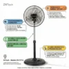Especificaciones Técnicas DVTech DV-ST16 Infografía de ventilador con oscilación 360 grados, bajo consumo de 50W, temporizador de 7.5 horas y nivel de ruido menor a 45dB.
