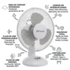 Funciones del Ventilador DVTECH Infografía de ventilador de escritorio con oscilación de 70 grados, motor ultra silencioso y flujo de aire ajustable para oficina.