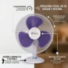 Especificaciones Ventilador DVTECH Infografía de ventilador de escritorio destacando motor de 60W, oscilación de 120 grados y diseño compacto de bajo consumo.