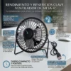 Beneficios del Ventilador de Escritorio Potente Infografía en español que destaca el motor silencioso, ángulo ajustable y aspas de metal de un mini ventilador USB.