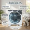Funciones del Ventilador DVTech Infografía de ventilador silencioso con detalles de rejilla rotativa 360 grados y distribución de aire homogénea.