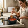 Cocina saludable con calor uniforme Mujer cocinando salsa de tomate en un cazo de aluminio sobre placa de inducción, destacando la distribución de calor uniforme.