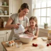 Mujer y niña sonriendo mientras usan una batidora de varillas para preparar una mezcla de fresas en un bol de cerámica.