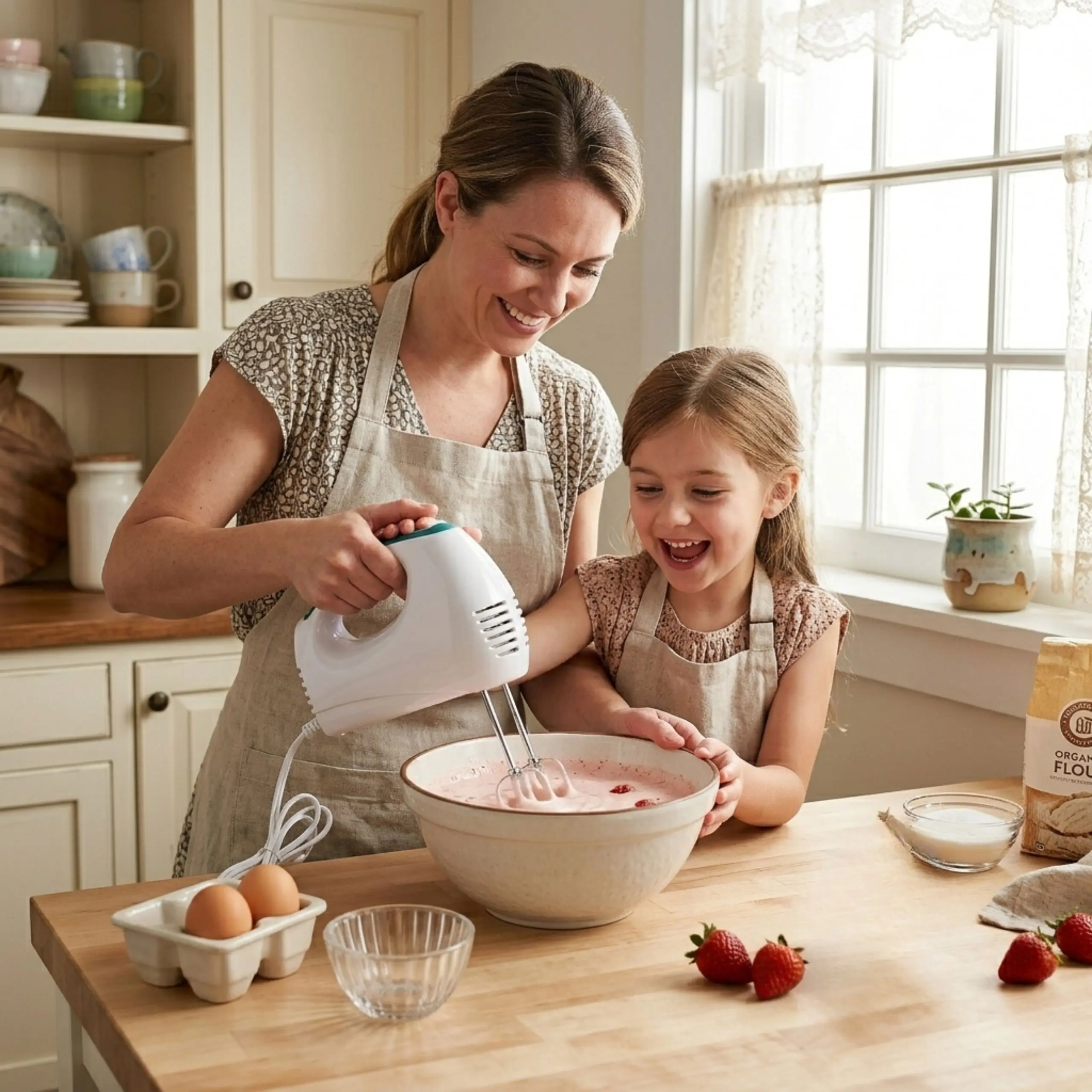 Mujer y niña sonriendo mientras usan una batidora de varillas para preparar una mezcla de fresas en un bol de cerámica.