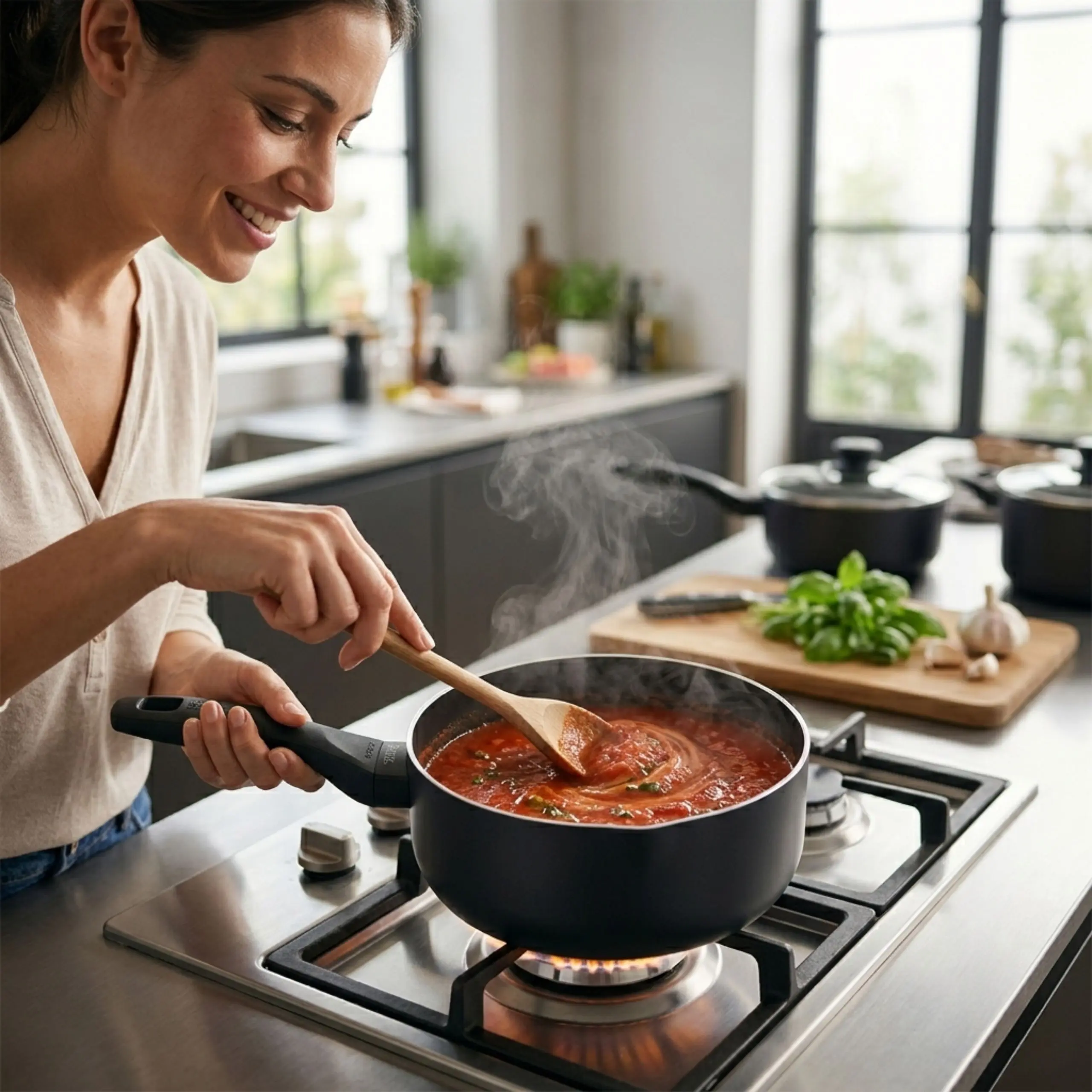 Mujer cocinando una salsa roja en un cazo de 20 cm BRA EFFE sobre cocina de gas, mostrando su mango ergonómico.