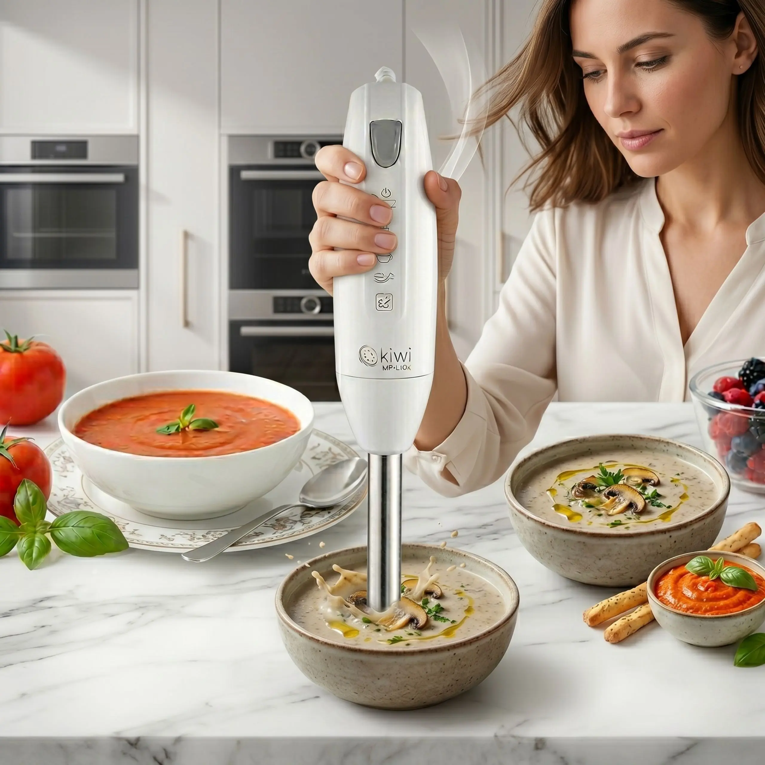 Cómo hacer purés y cremas sin grumos Mujer utilizando la batidora de mano Kiwi para batir una crema de champiñones en un bol sobre encimera de mármol.