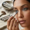 Aplicación de Sombra en Barra Gris Primer plano de una mujer aplicando un crayón de maquillaje gris en el párpado inferior para un acabado de precisión profesional.