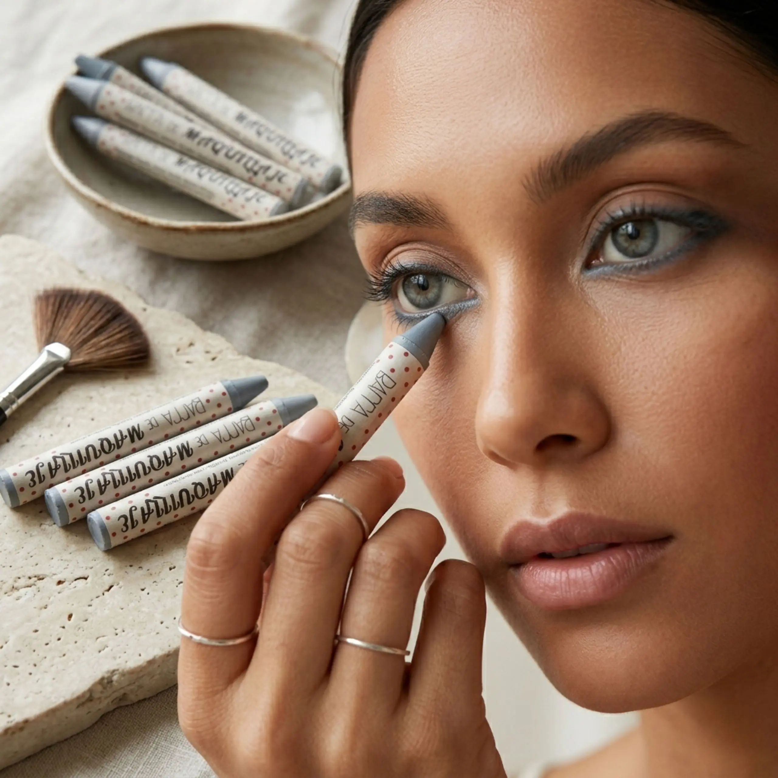 Aplicación de Sombra en Barra Gris Primer plano de una mujer aplicando un crayón de maquillaje gris en el párpado inferior para un acabado de precisión profesional.