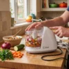 Hombre utilizando picadora de cebolla y zanahoria eléctrica sobre encimera de madera en cocina moderna.