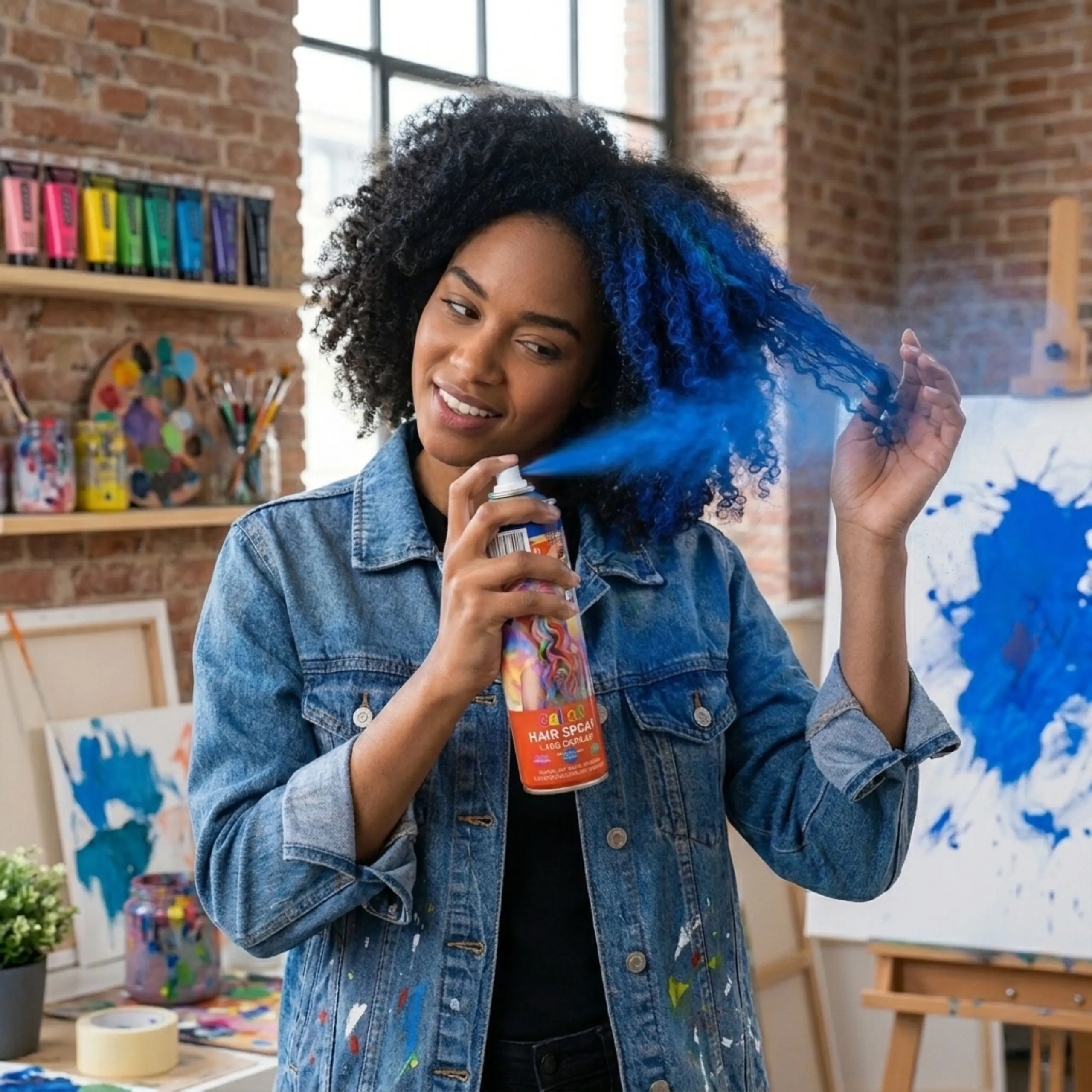 Aplicación de Tinte Temporal Azul en Pelo Rizado Mujer con cabello rizado aplicando spray de color azul para crear un look de fantasía temporal de forma fácil.
