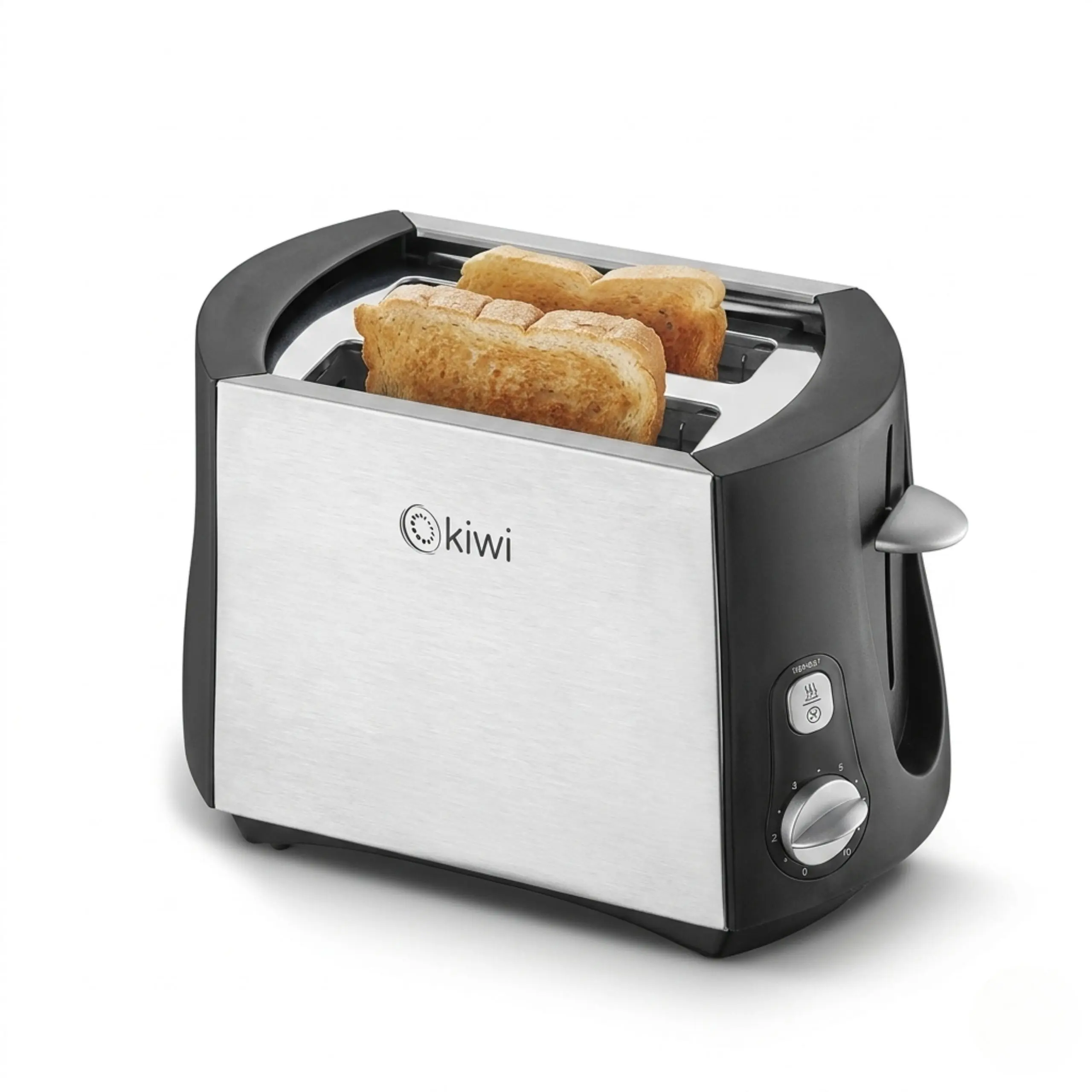 Tostadora Kiwi 2 Rebanadas – Vista Principal Vista frontal de estudio de la tostadora Kiwi para 2 rebanadas de acero inoxidable con dos tostadas listas, mostrando el dial de control de 7 niveles y la palanca de elevación, sobre fondo blanco aislado.