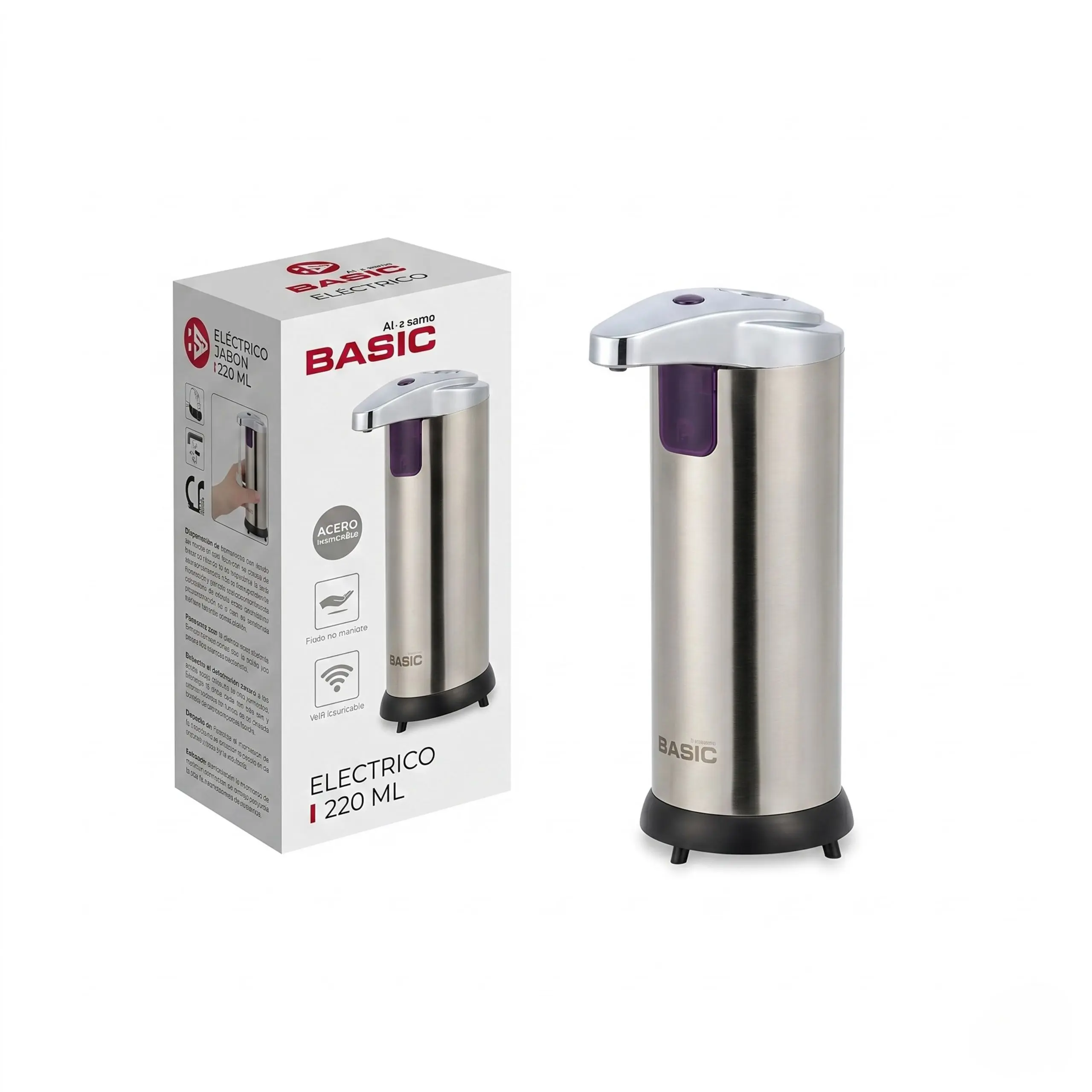 Dispensador de jabón automático de acero inoxidable de 220ml en su caja original para cocina y baño.