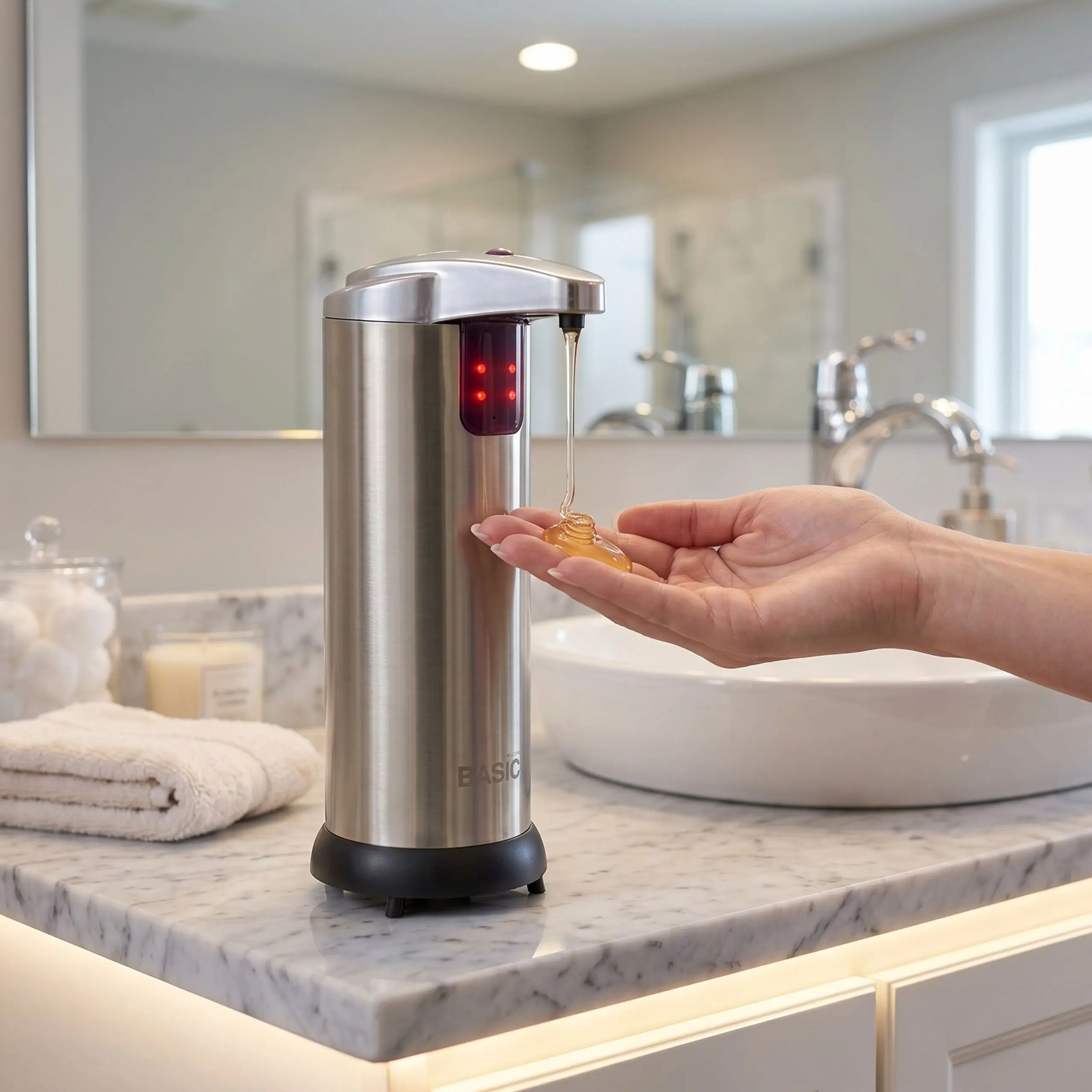 Dosificador de jabón con sensor automático ubicado sobre mármol en un baño elegante, dispensando gel de color ámbar.