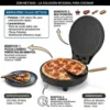 Características y Beneficios EDM NET3606 Infografía de la máquina de pizza multifunción EDM con detalles de potencia 1200W, medidas de 29cm y función de plancha de asado.