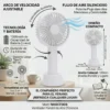 Características técnicas ventilador NHGCF008 Infografía del ventilador portátil modelo NHGCF008 mostrando batería de 1200mAh, carga USB-C y diseño 2 en 1 manual y de mesa.