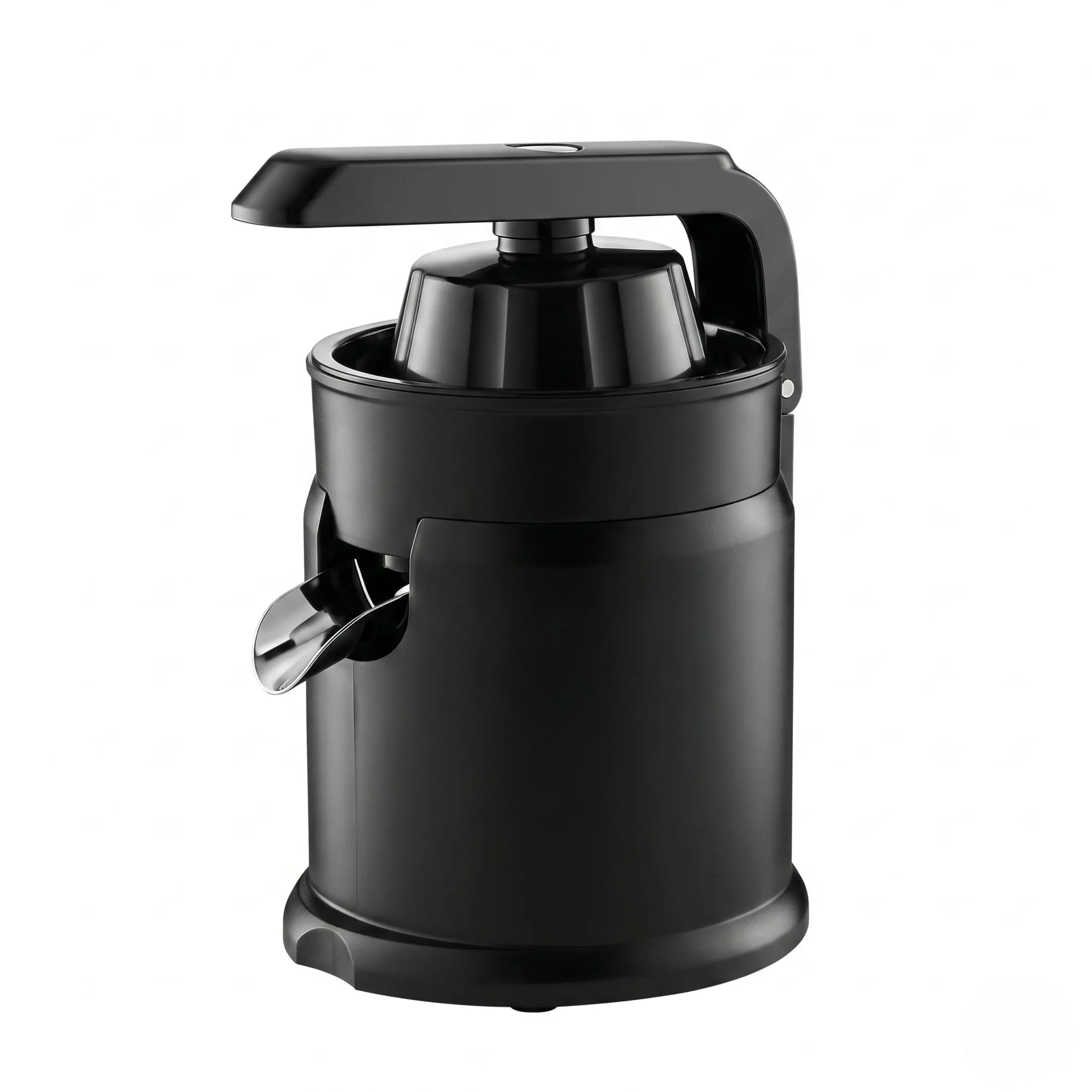 Exprimidor de cítricos eléctrico con sistema de palanca profesional y cuerpo de acero inoxidable negro mate.