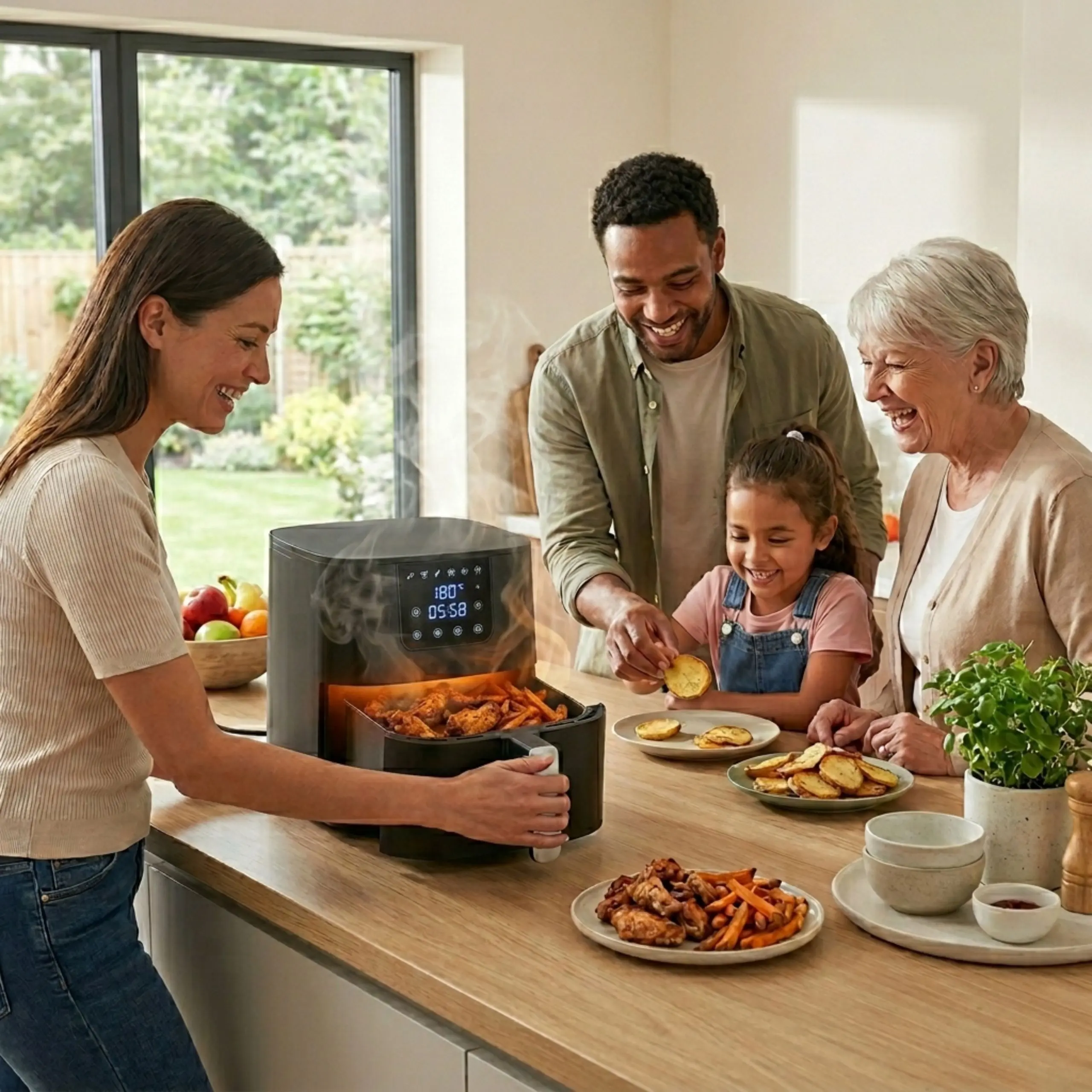 Una familia compartiendo comida saludable preparada con la freidora de aire Extrahouse en una cocina moderna y luminosa.