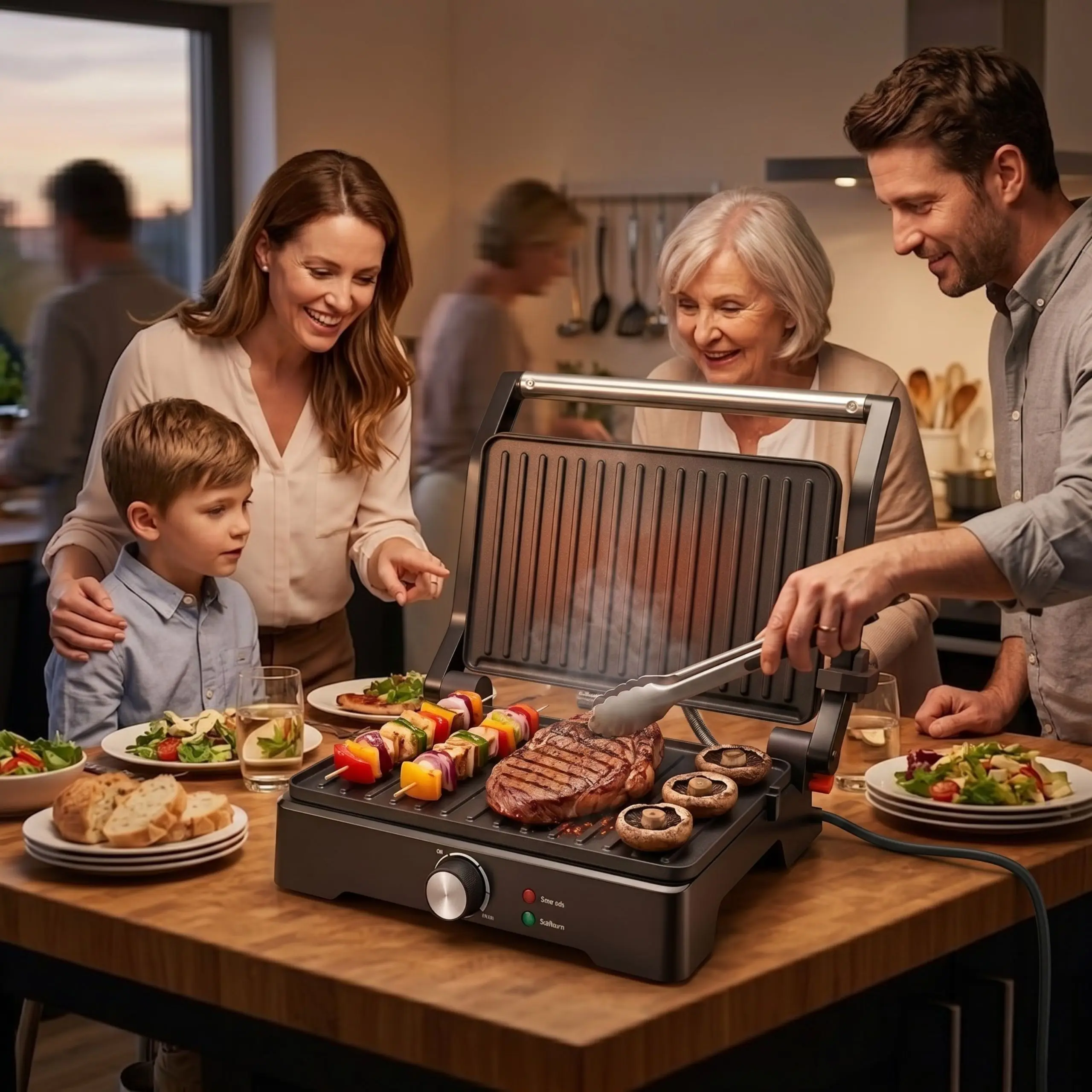 Cocina saludable en casa con grill eléctrico Personas utilizando el grill eléctrico profesional en una cocina para asar carne y verduras, ideal para una alimentación sana.