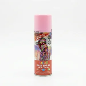 Una lata de spray de color para el cabello "La Fiesta" en tono rosa, con tapa rosa y una ilustración de una modelo con cabello multicolor sobre un fondo blanco limpio.