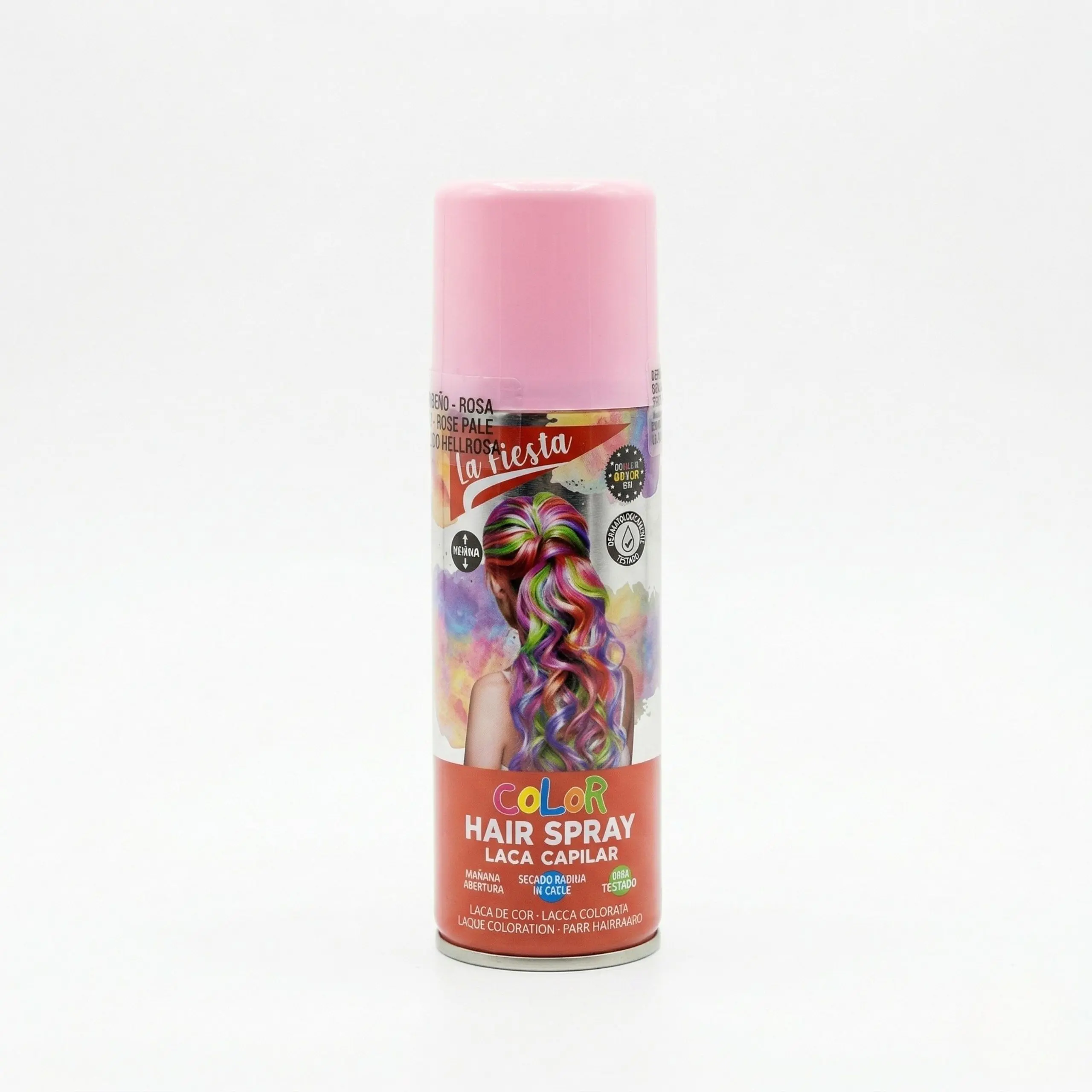la-fiesta-color-hair-spray-rosa.webp Una lata de spray de color para el cabello "La Fiesta" en tono rosa, con tapa rosa y una ilustración de una modelo con cabello multicolor sobre un fondo blanco limpio.