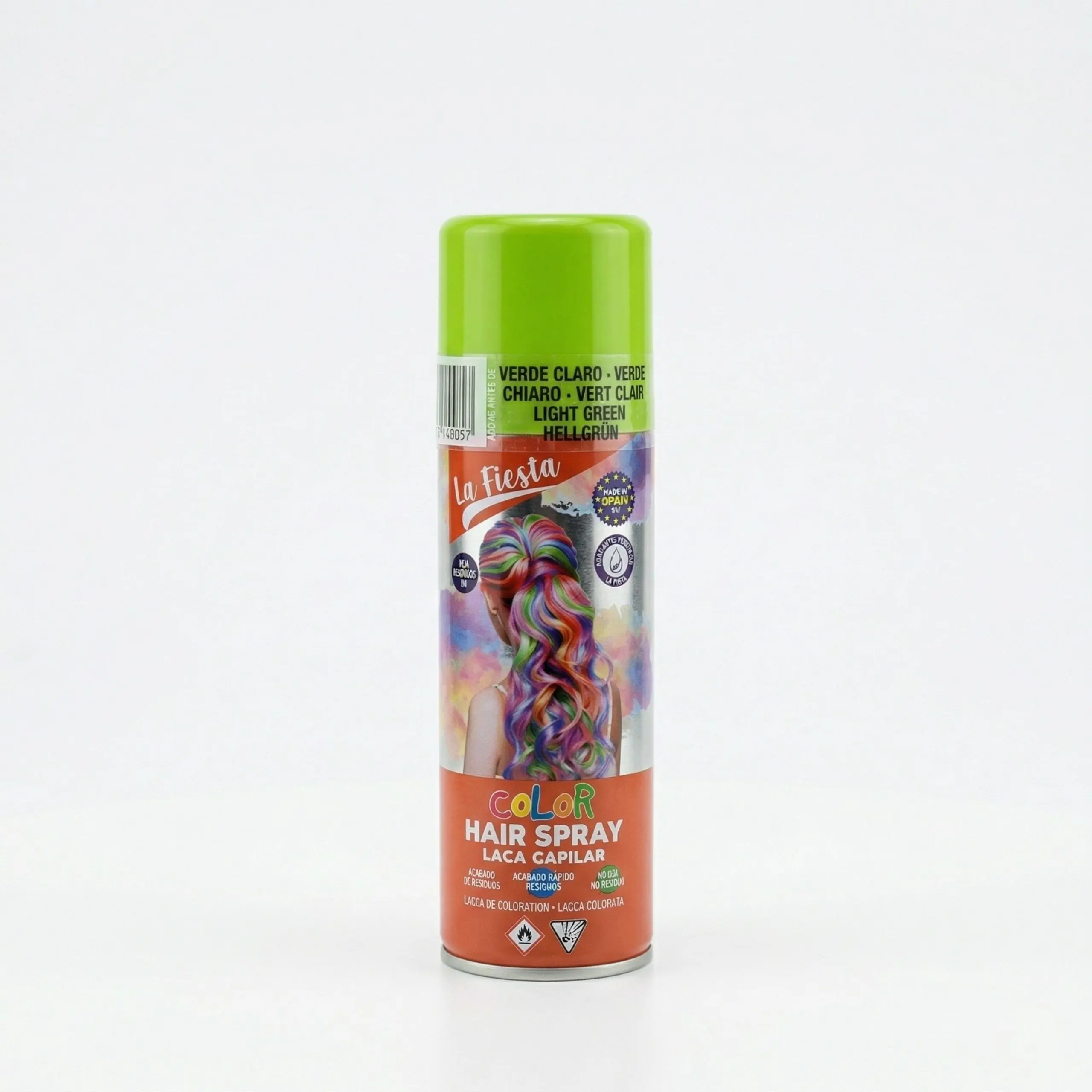 Spray de Color Temporal Verde Claro – La Fiesta Bote de laca de color para el pelo verde claro marca La Fiesta con acabado uniforme y fácil de lavar.