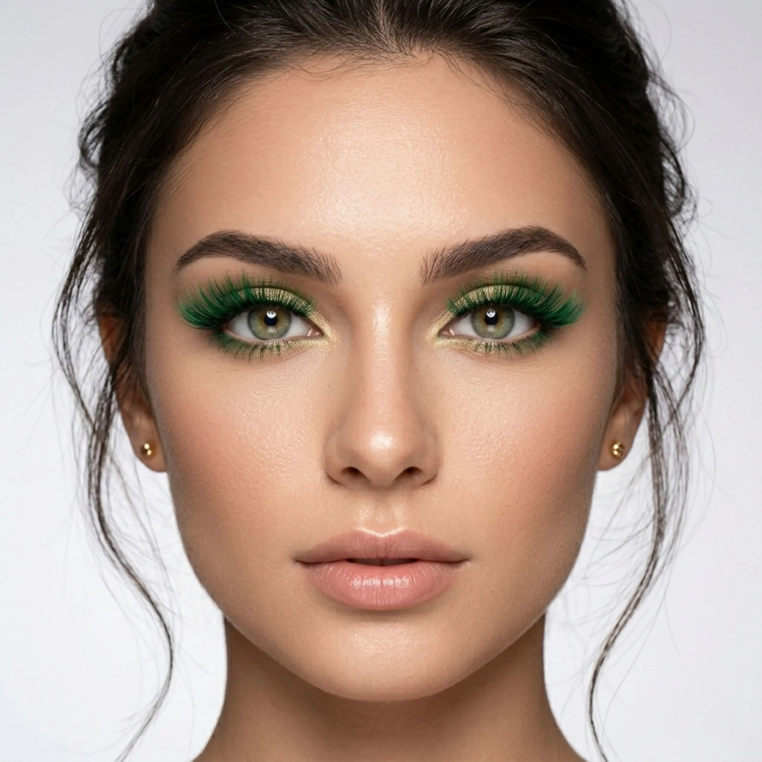 Look Profesional con Pestañas de Colores Primer plano de modelo con maquillaje de ojos resaltado por pestañas postizas verdes de varias capas y volumen extremo.