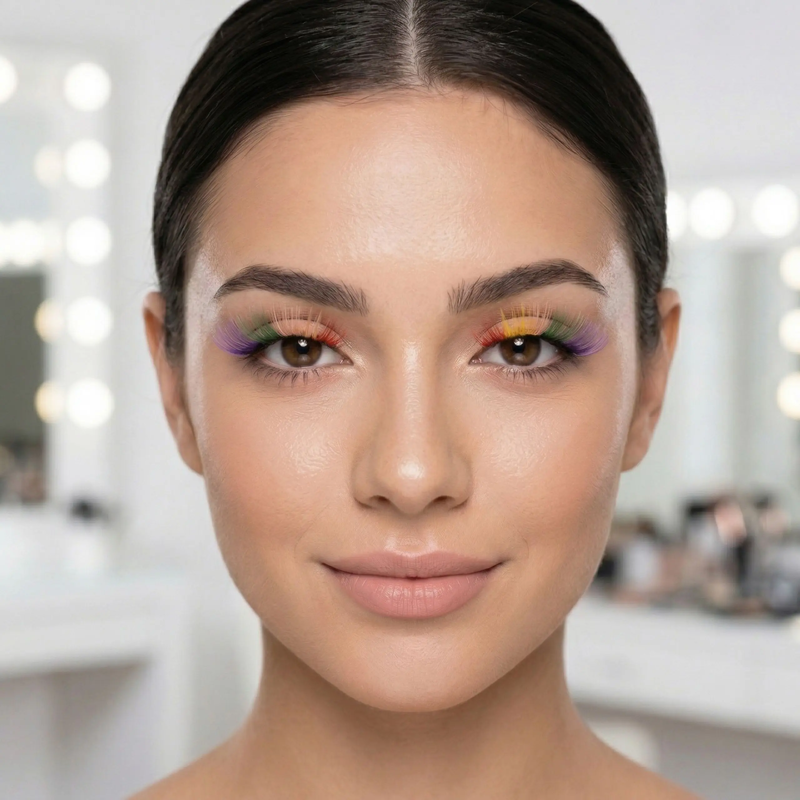 Primer plano de una mujer luciendo pestañas postizas arcoíris para un look de maquillaje de fantasía y festivales.