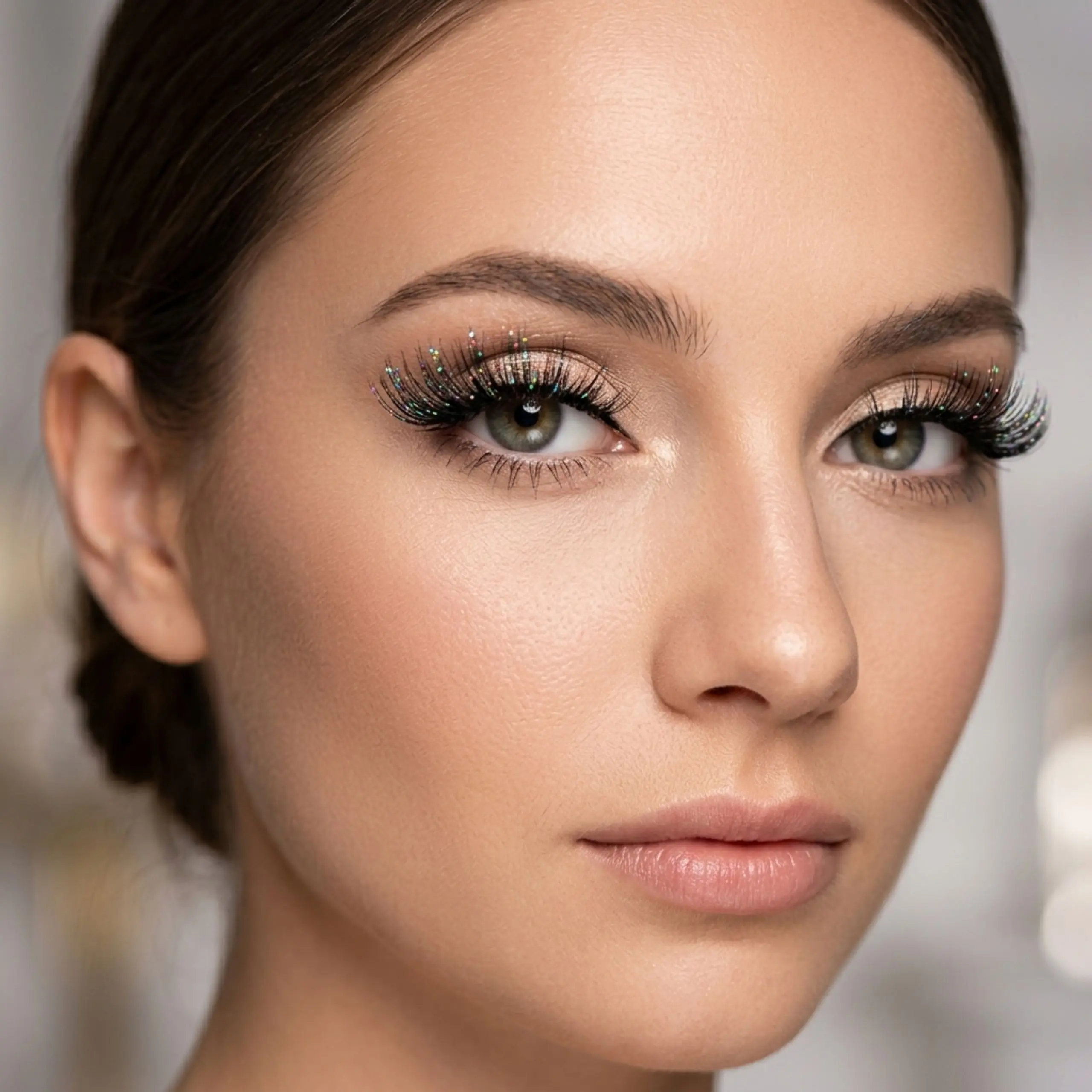 Primer plano de maquillaje de ojos profesional utilizando pestañas postizas con brillos multicolor y efecto de mirada dramática para eventos.