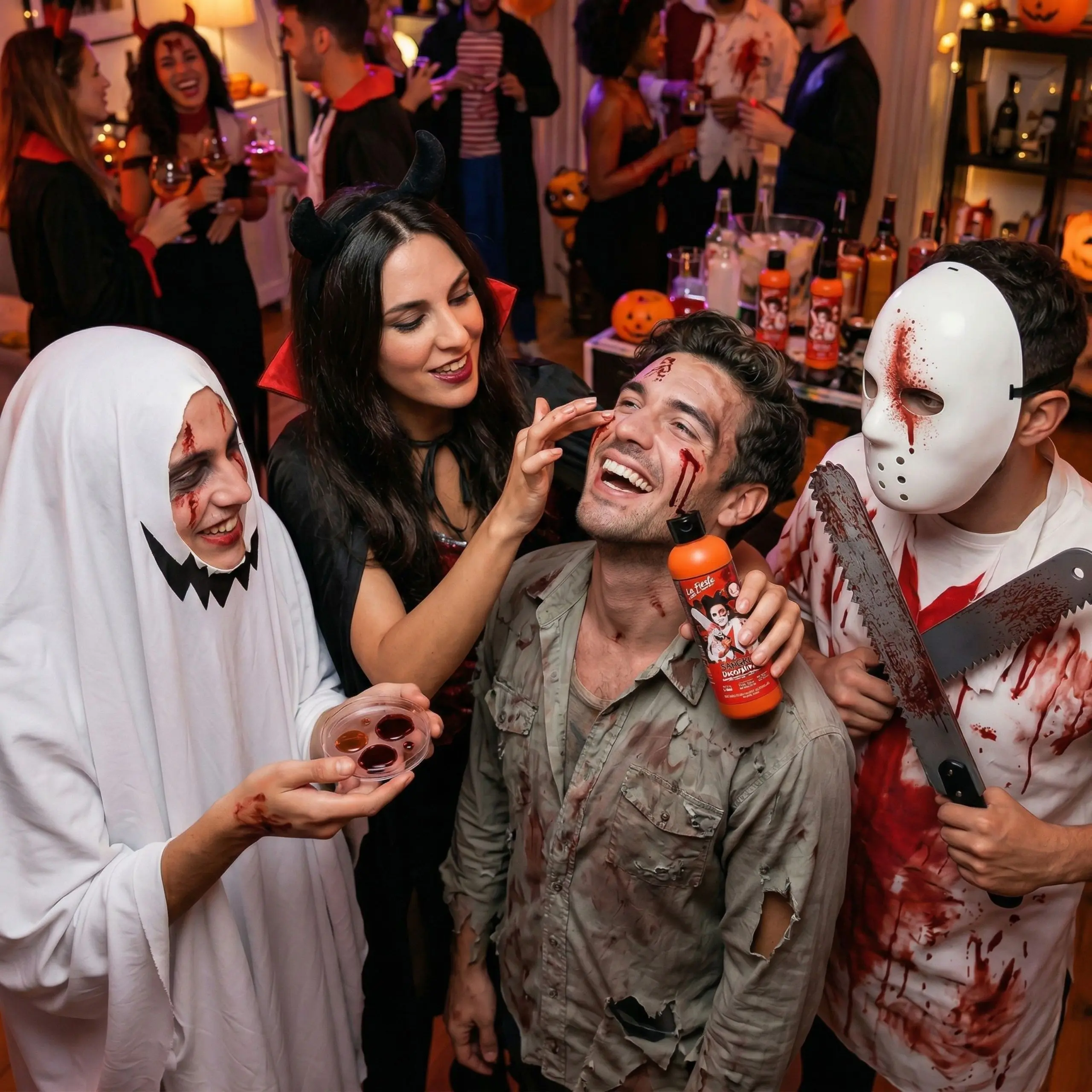 Una mujer vestida de vampiresa aplicando sangre decorativa viscosa en la mejilla de un hombre disfrazado de zombie, quien sonríe y sostiene la botella del producto. Un fantasma y un personaje con máscara de hockey observan.