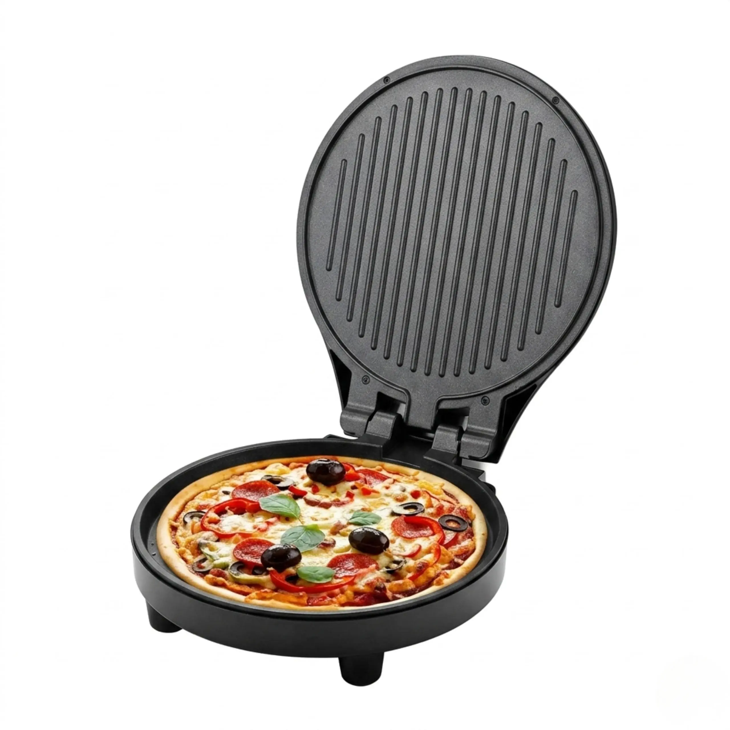 Máquina de Pizza EDM NET3606 Profesional Horno eléctrico para pizzas EDM NET3606 de 1200W con placas antiadherentes y diseño circular negro.