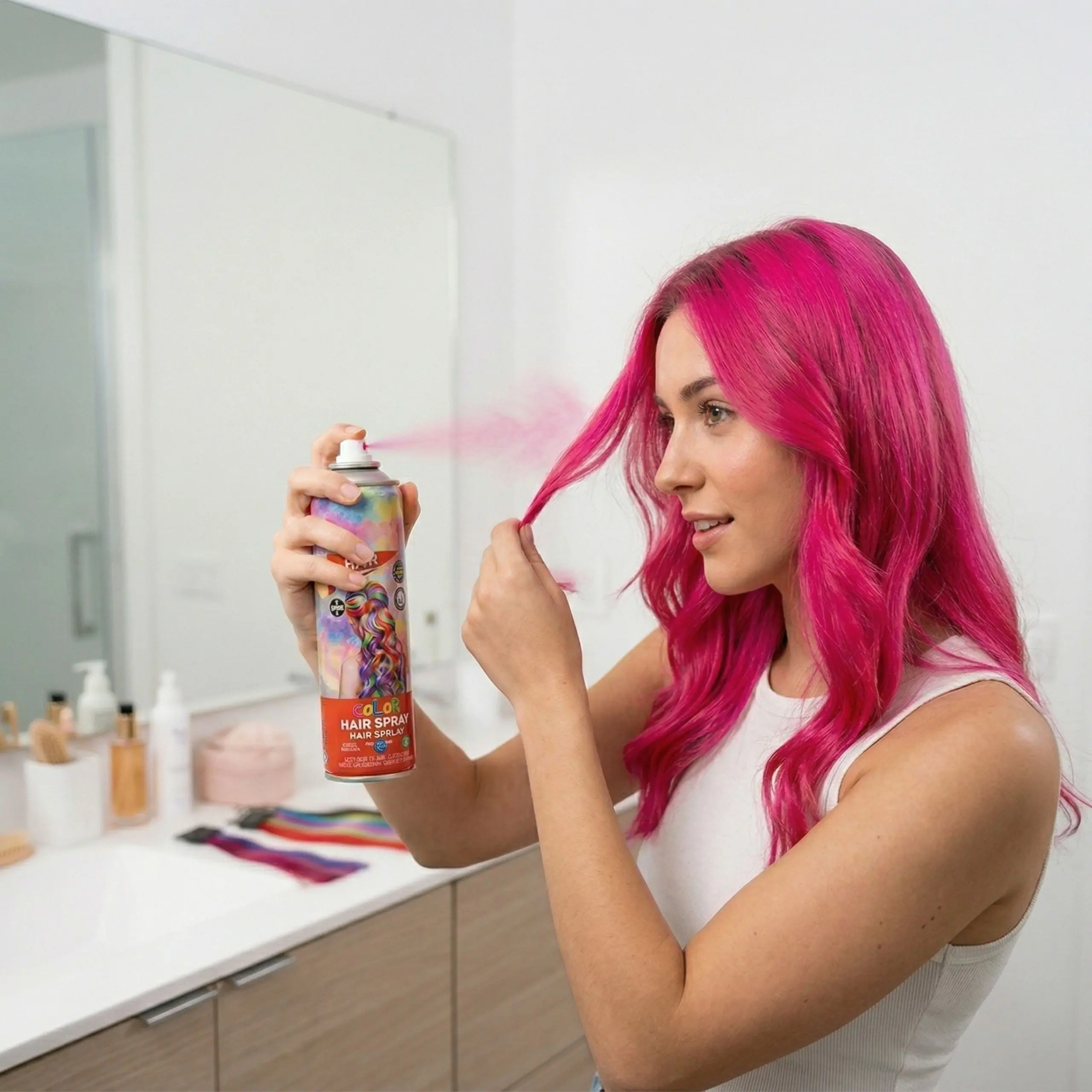 Cambio de look instantáneo con spray rosa Una joven aplica spray de color rosa vibrante en un mechón de su cabello frente al espejo, logrando un acabado intenso al momento.