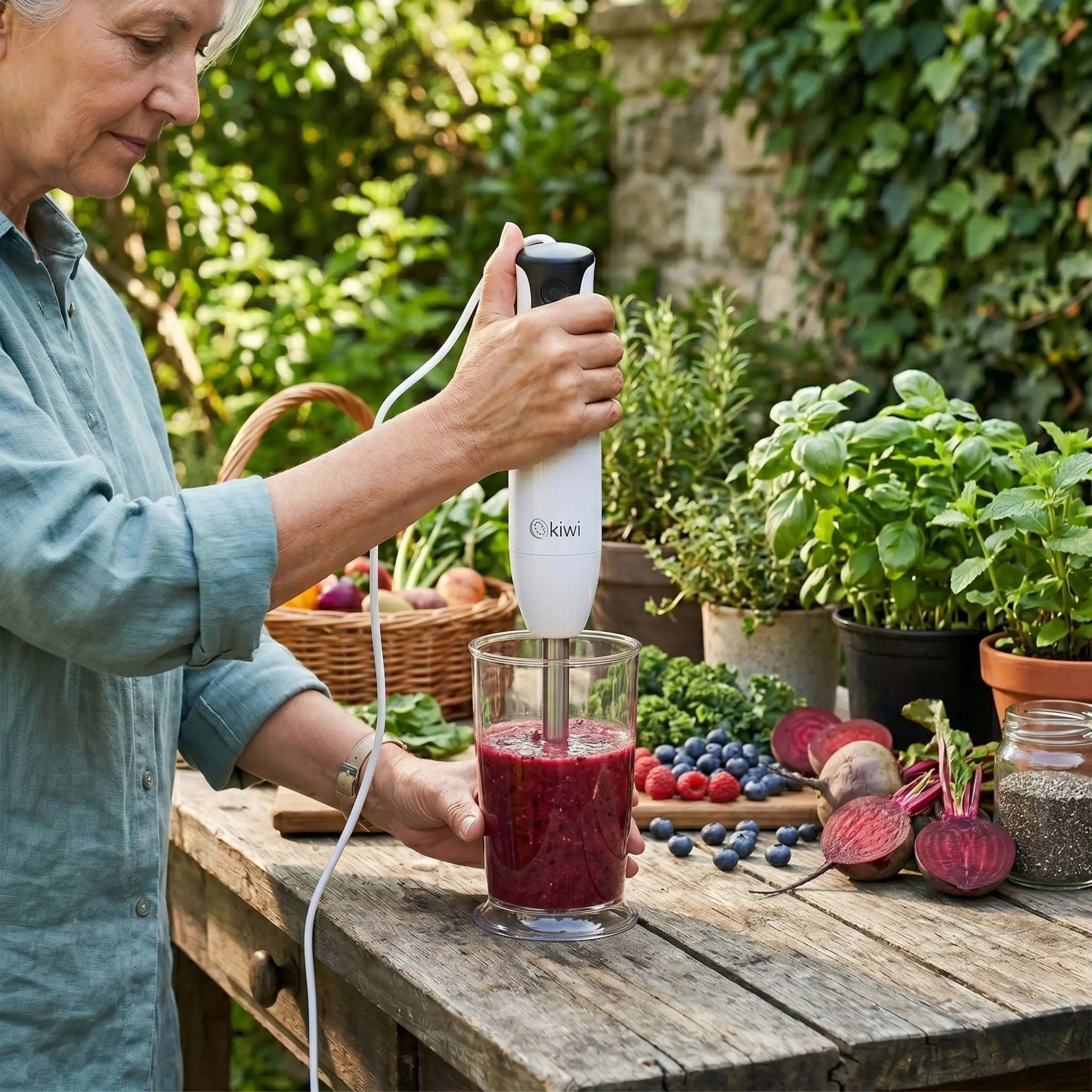 Batidora potente para smoothies de frutas Batidora de brazo Kiwi 500W batiendo un smoothie de frutos rojos y remolacha sobre una mesa de madera con ingredientes frescos.